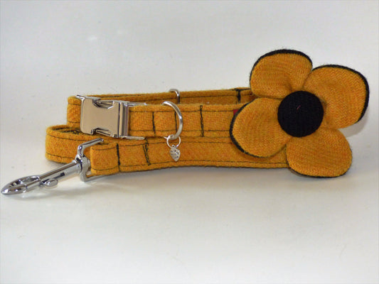 (Cairn) Harris Tweed Flower Dog Collar & Lead Set - Citrus Yellow - BOWZOS