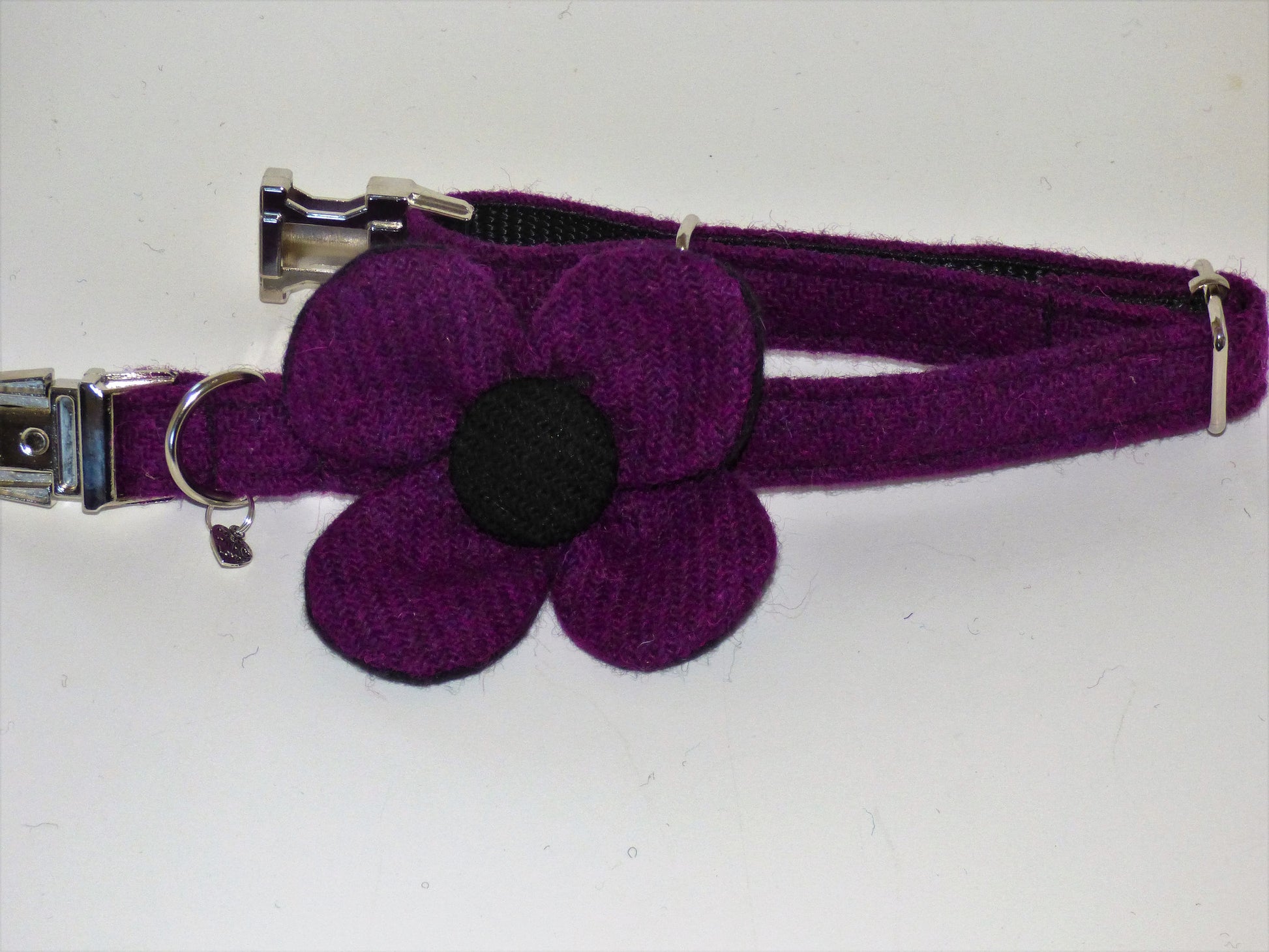 (Caledonian) Harris Tweed Flower Dog Collar - Dark Purple - BOWZOS