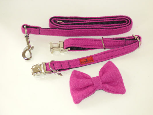 (Roxburghe) Harris Tweed Bow Tie Dog Collar & Lead Set - Bubble Gum Pink - BOWZOS