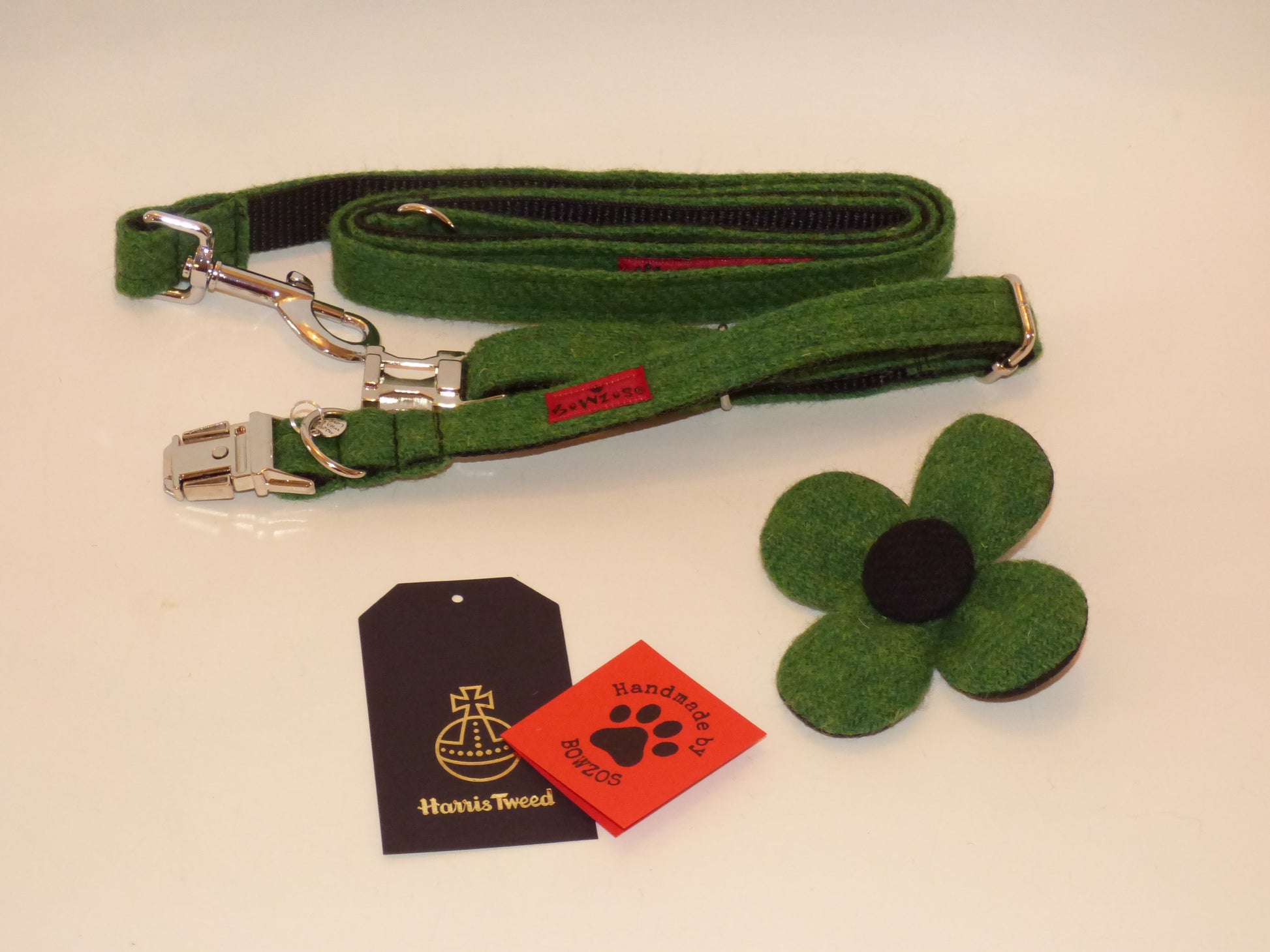 (Evergreen) Harris Tweed Flower Dog Collar & Lead Set - Green - BOWZOS