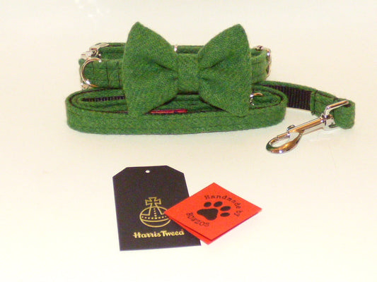 (Evergreen) Harris Tweed Bow Tie Dog Collar & Lead Set - Green - BOWZOS