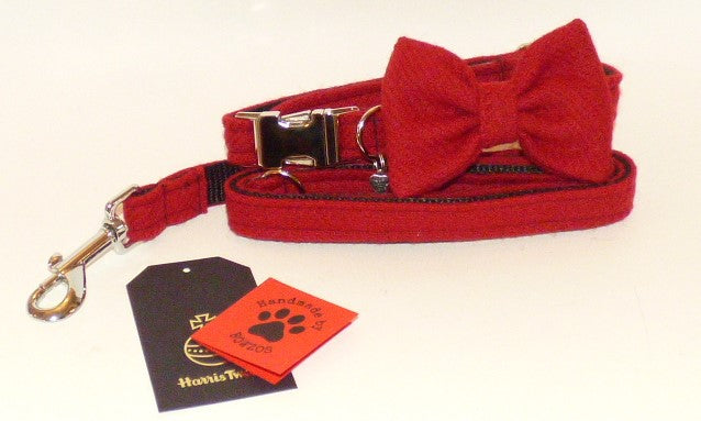 (Cranberry) Harris Tweed Bow Tie Dog Collar & Lead Set - BOWZOS