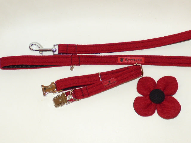 (Cranberry) Harris Tweed Flower Dog Collar & Lead Set - BOWZOS