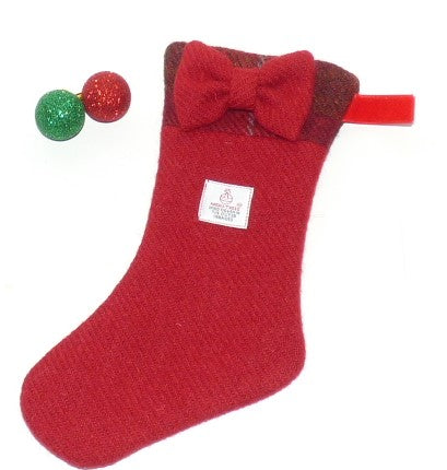 Bowzos Harris Tweed Christmas Stocking with Bow - Red - BOWZOS