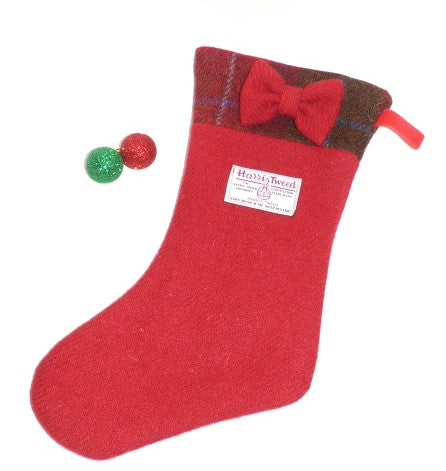 Bowzos Harris Tweed Christmas Stocking with Bow - Red - BOWZOS