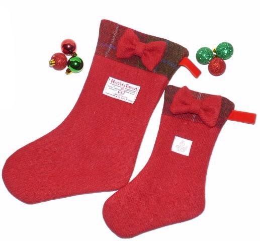Bowzos Harris Tweed Christmas Stocking with Bow - Red - BOWZOS