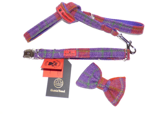 (Dunoon) Harris Tweed Bow Tie Dog Collar & Lead Set - Red/Purple Check - BOWZOS