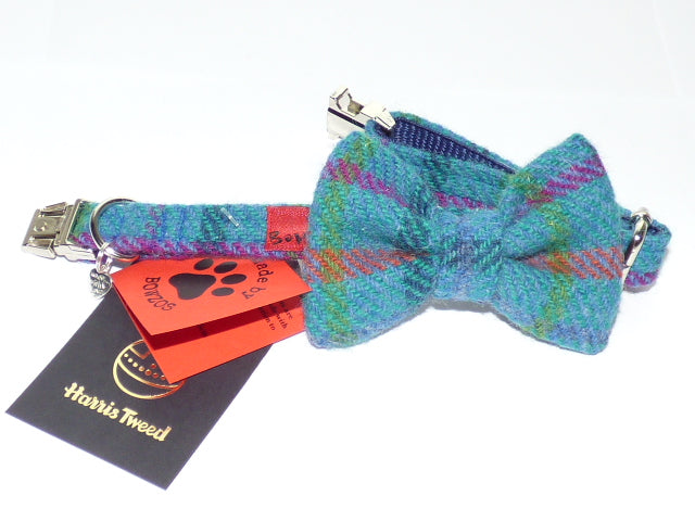 (Tiree) Tweed Bow Tie Dog Collar - Turquoise Check - BOWZOS