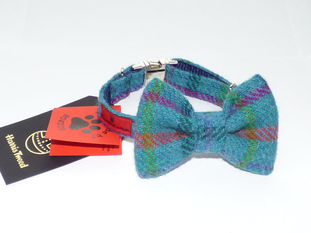 (Tiree) Tweed Bow Tie Dog Collar - Turquoise Check - BOWZOS