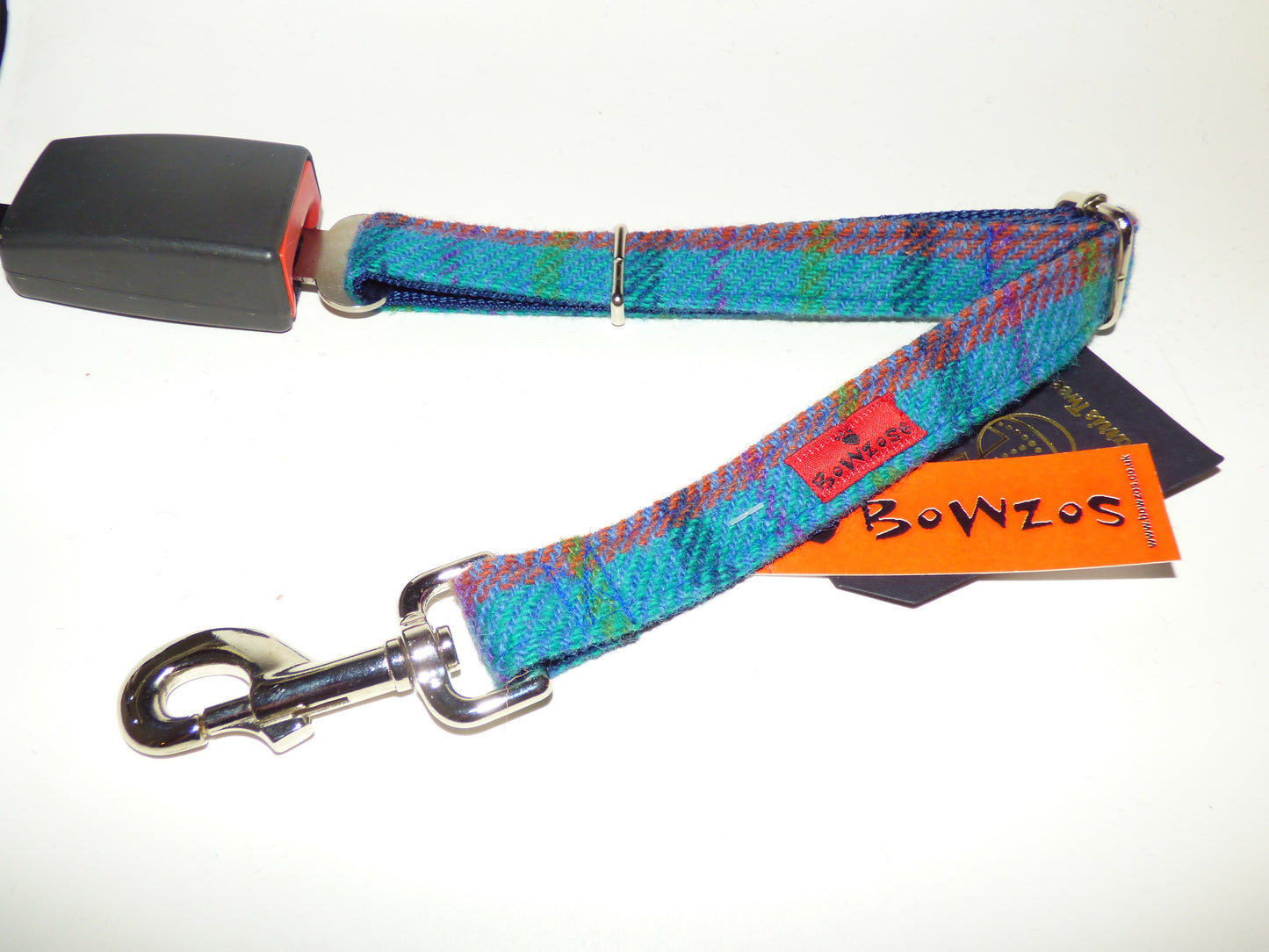 (Tiree) Harris Tweed Dog Seat Belt - Turquoise - BOWZOS