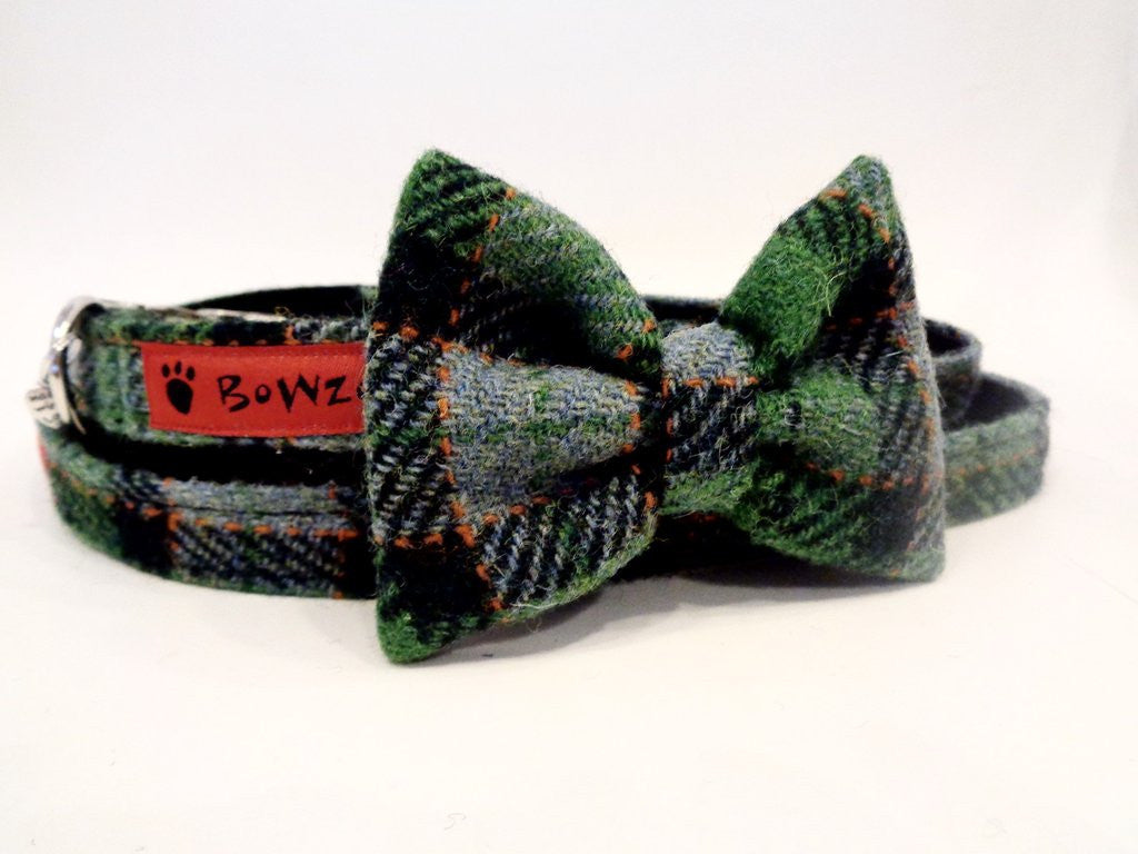 Harris Tweed Bow Tie Dog Collar & Lead Set - Grass Green Check - BOWZOS