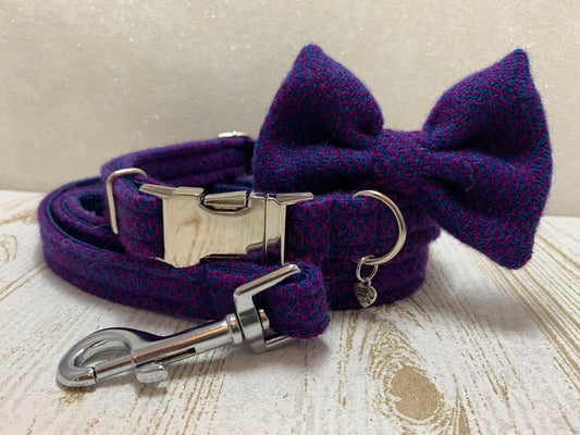 (Seilebost) Harris Tweed Bow Tie Dog Collar & Lead Set - Purple Herringbone - BOWZOS
