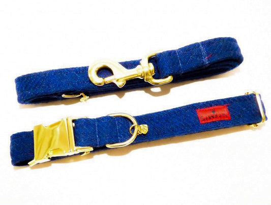 (Balmoral) Harris Tweed Dog Collar & Lead Set - Blue (with Gold Look Buckle & Brass Findings) - BOWZOS