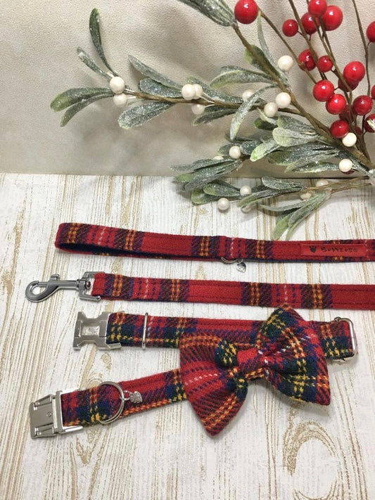 Harris Tweed Bow Tie Dog Collar & Lead Set - Red Stewart Tartan - BOWZOS