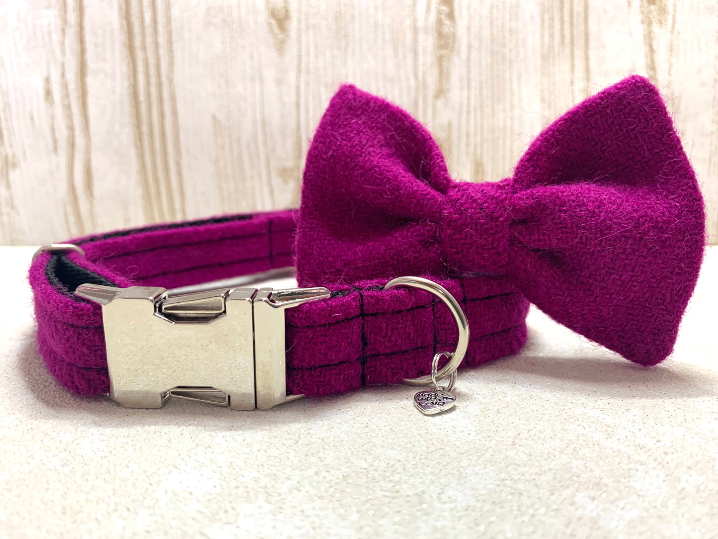 Harris Tweed Bow Tie Dog Collar - Fuchsia - BOWZOS