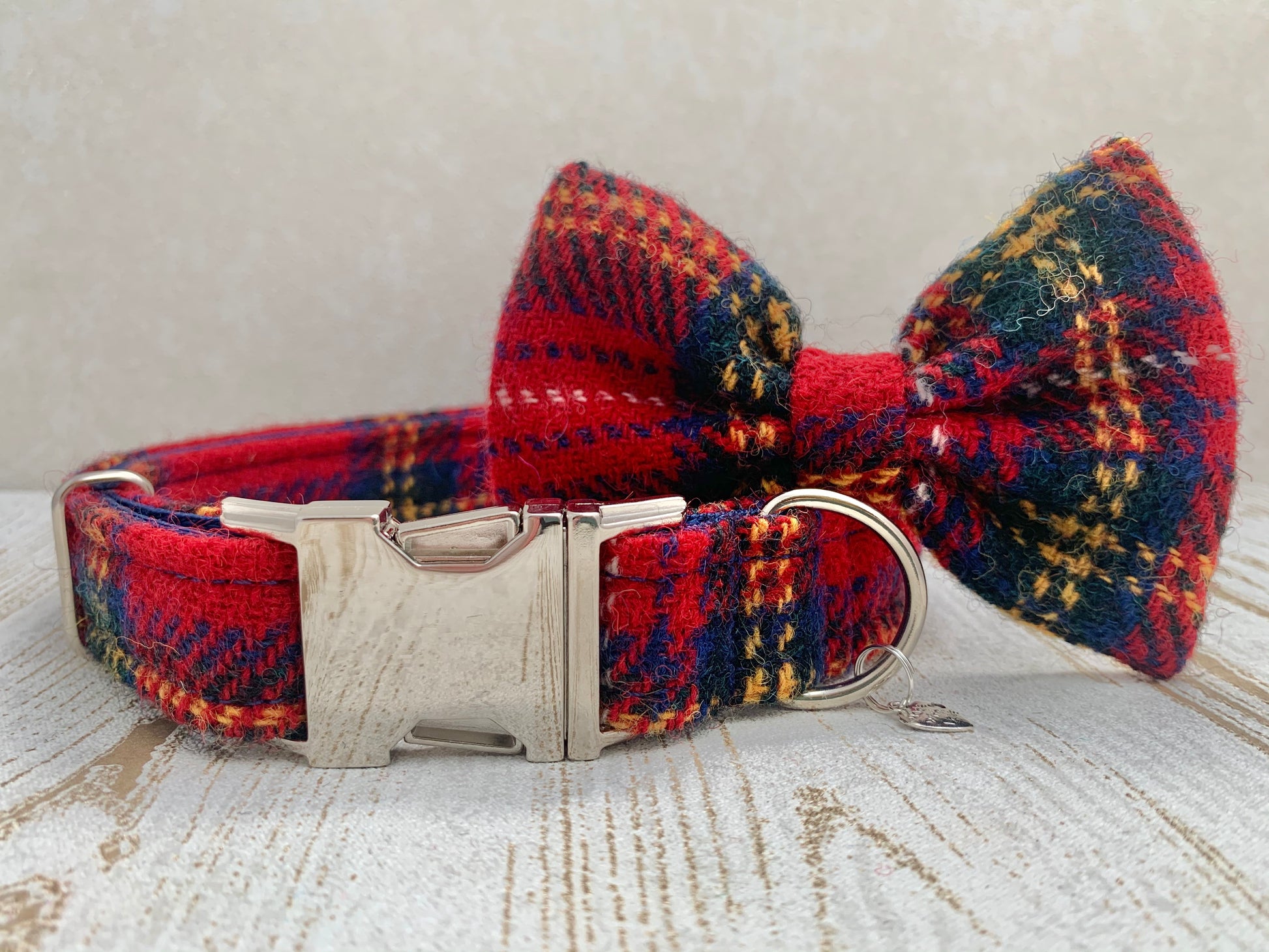 Harris Tweed Bow Tie Dog Collar - Red Stewart Tartan - BOWZOS
