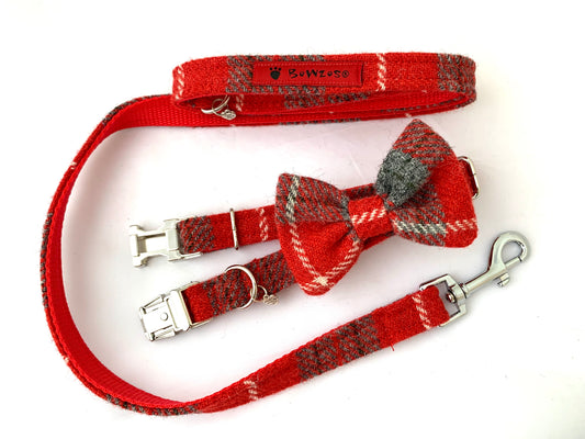 (Brodie) Harris Tweed Bow Tie  Dog Collar & Lead Set - Red/Grey Check - BOWZOS