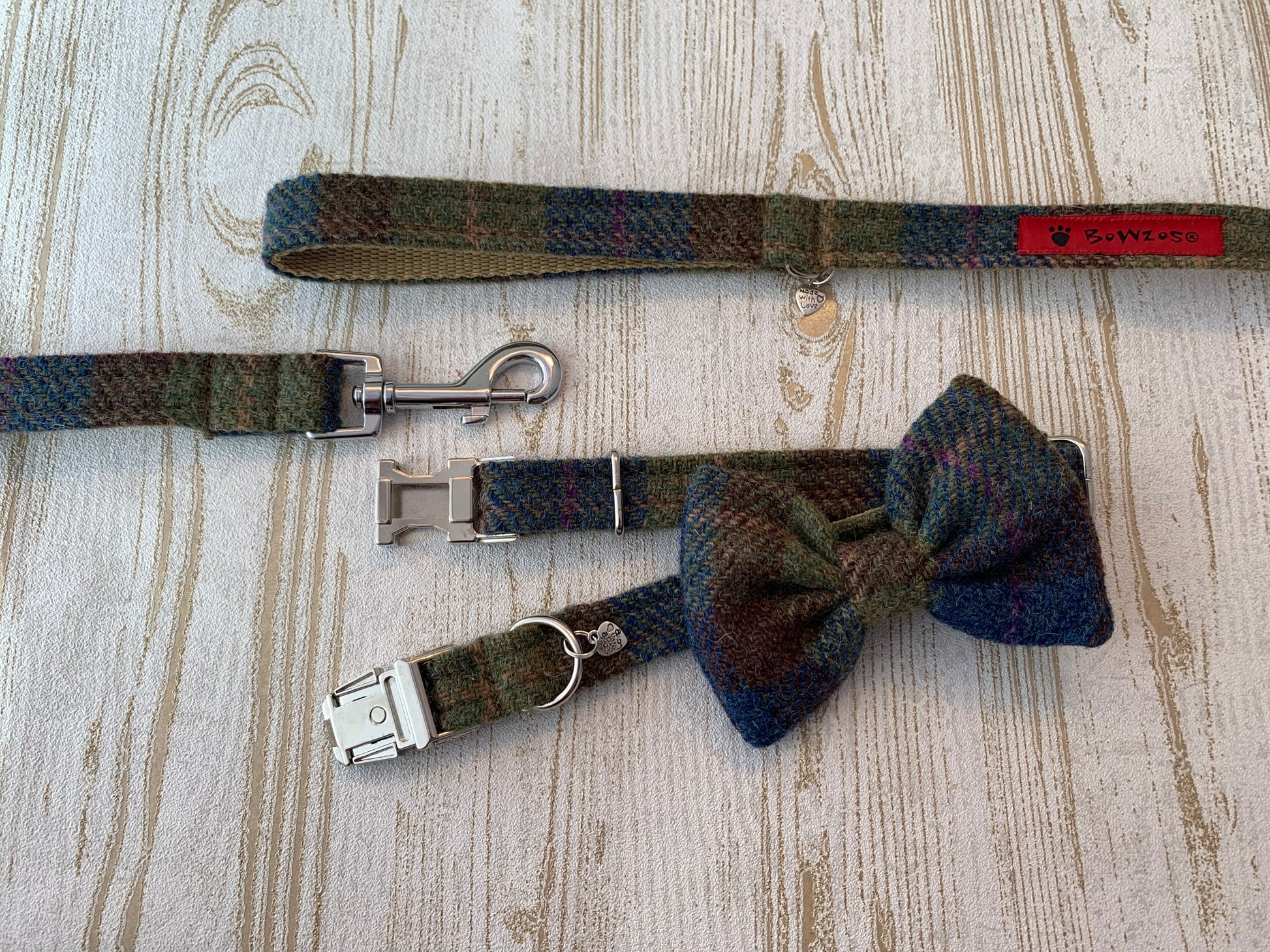 (Inverary) Harris Tweed Bow Tie Dog Collar & Lead Set - Khaki & Blue Check - BOWZOS