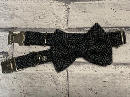 (Charcoal) Harris Tweed® Bow Tie Dog Collar - Charcoal Herringbone