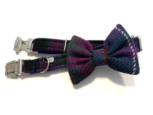 (Lomond) Harris Tweed® Bow Tie Dog Collar & Lead Set - Purple & Blue Check