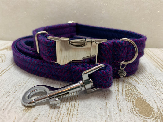 (Seilebost) Harris Tweed Dog Collar & Lead Set - Purple Herringbone - BOWZOS