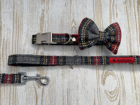 Harris Tweed Bow Tie Dog Collar & Lead Set - Grey Stewart Tartan - BOWZOS