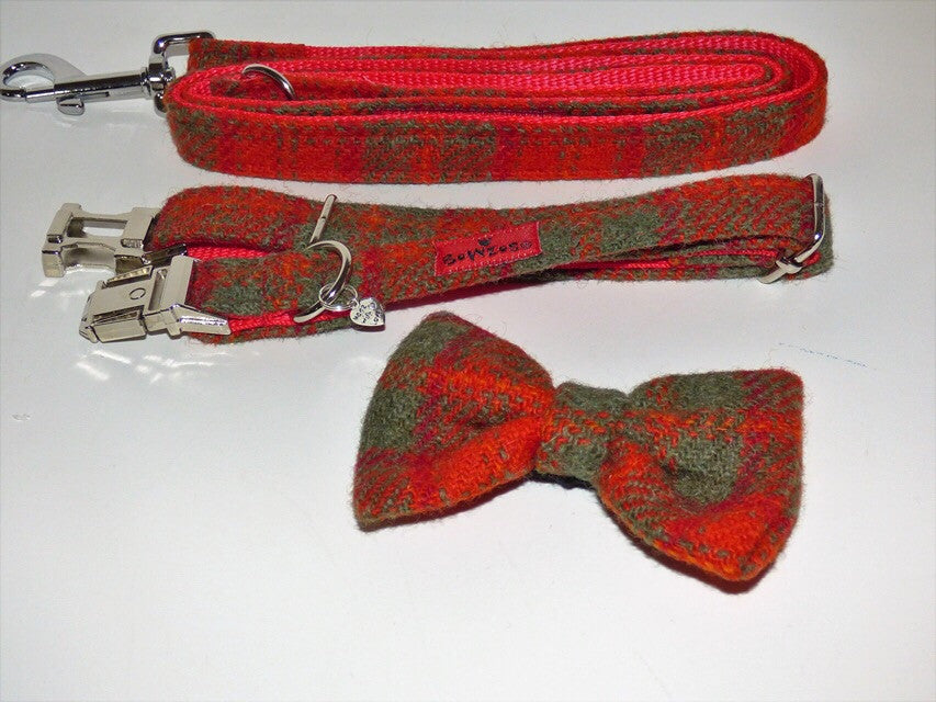 (Arran) Harris Tweed Bow Tie Dog Collar & Lead Set - Orange Check - BOWZOS