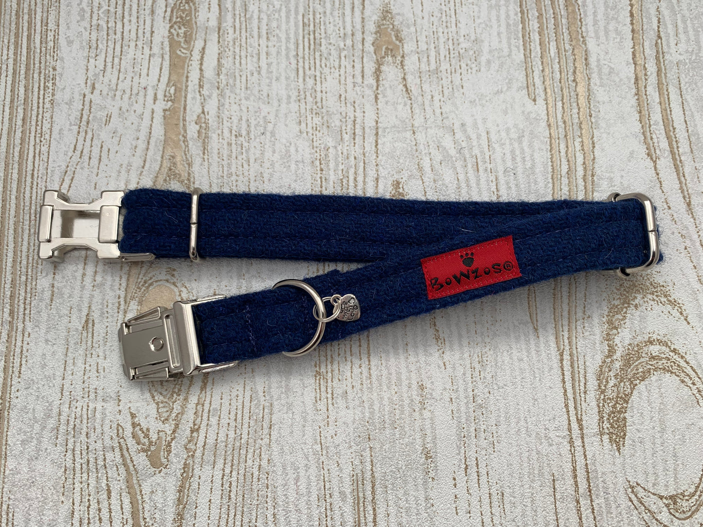 (Balmoral) Harris Tweed Dog Collar - Blue (with Silver Buckle & Findings) - BOWZOS