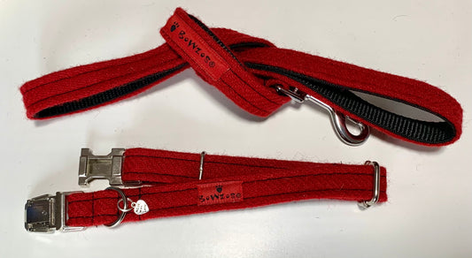 (Cranberry) Harris Tweed® Dog Collar & Lead Set - Red