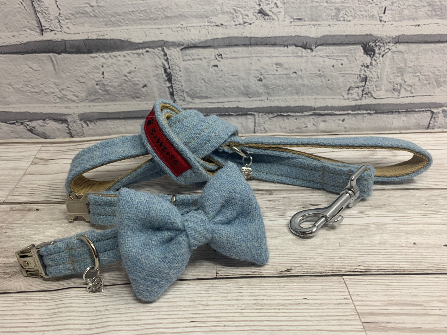 (Frederick) Harris Tweed Bow Tie Dog Collar & Lead Set - Baby Blue - BOWZOS