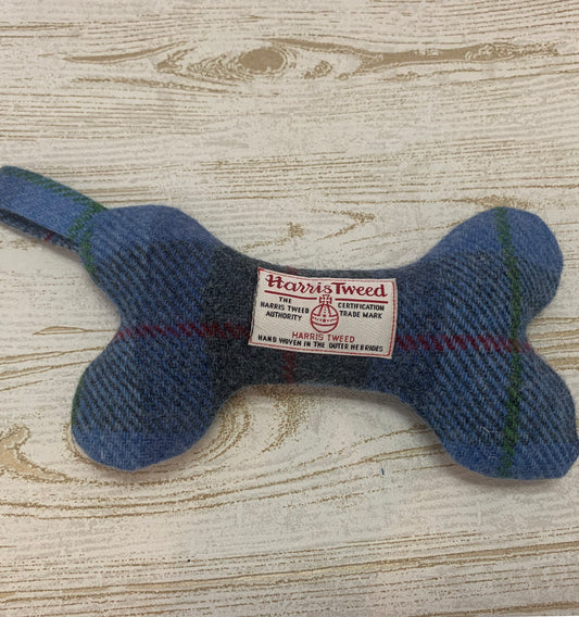 (Skye) Harris Tweed Squeaky Bone Toy - Blue Check - BOWZOS