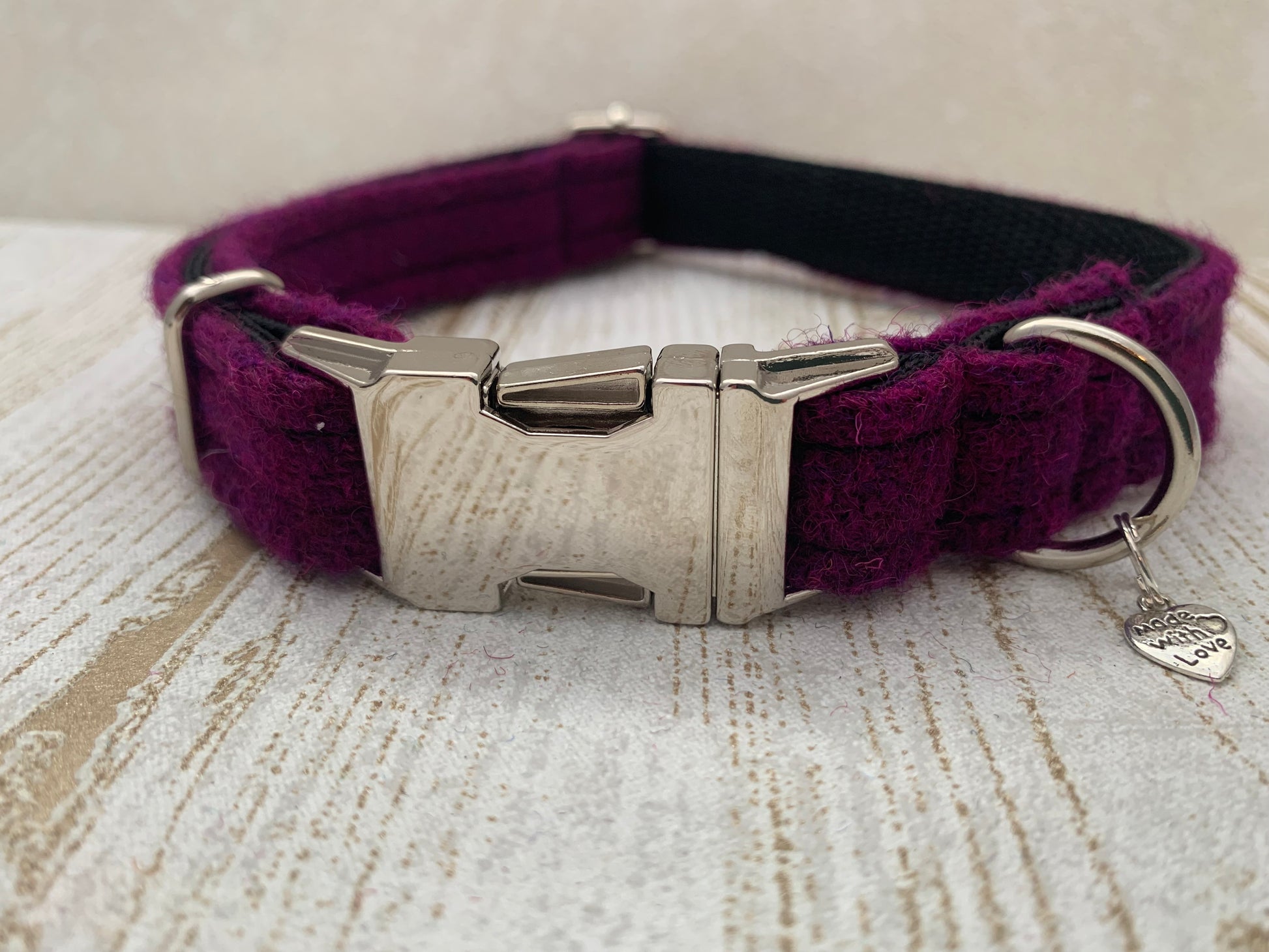 (Caledonian) Harris Tweed Flower Dog Collar - Dark Purple - BOWZOS