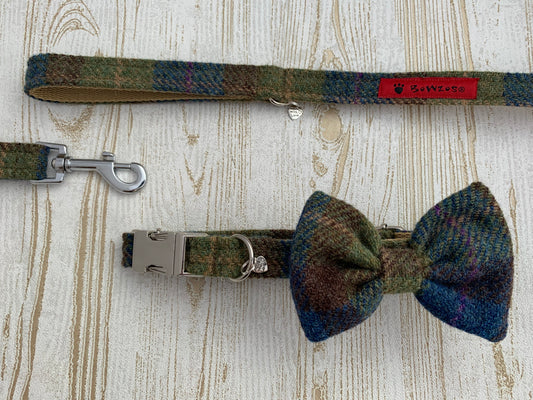 (Inverary) Harris Tweed Bow Tie Dog Collar & Lead Set - Khaki & Blue Check - BOWZOS