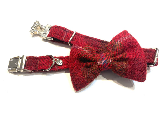 (Blair) Harris Tweed® Bow Tie Dog Collar - Dark Red Check