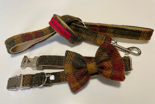 (Stornoway) Harris Tweed® Bow Tie Dog Collar & Lead Set - Chestnut & Mustard Check