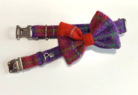 (Dunoon) Harris Tweed® Bow Tie Dog Collar - Red/Purple Check