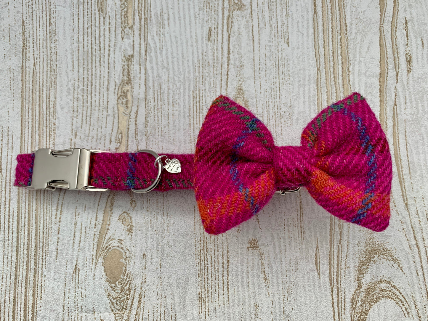 (Iona) Harris Tweed Bow Tie Dog Collar - Cerise Pink Check - BOWZOS