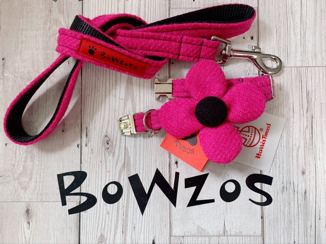 (Roxburghe) Harris Tweed® Flower Dog Collar & Lead Set - Bubblegum Pink