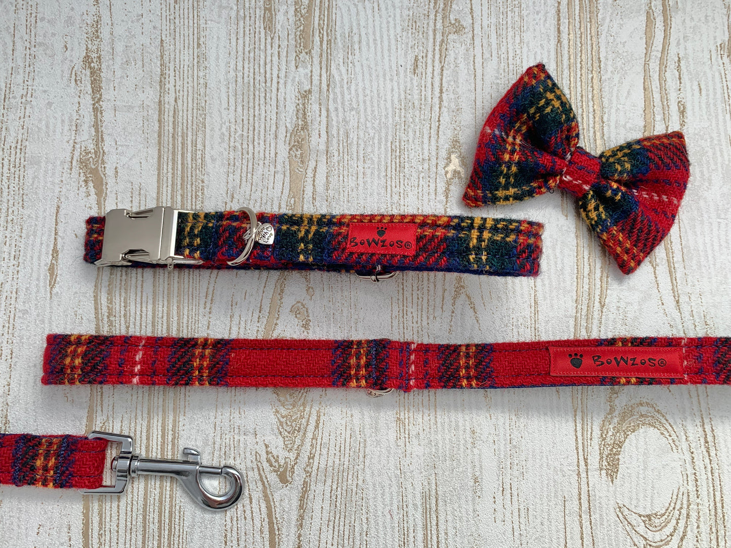 Harris Tweed Bow Tie Dog Collar & Lead Set - Red Stewart Tartan - BOWZOS
