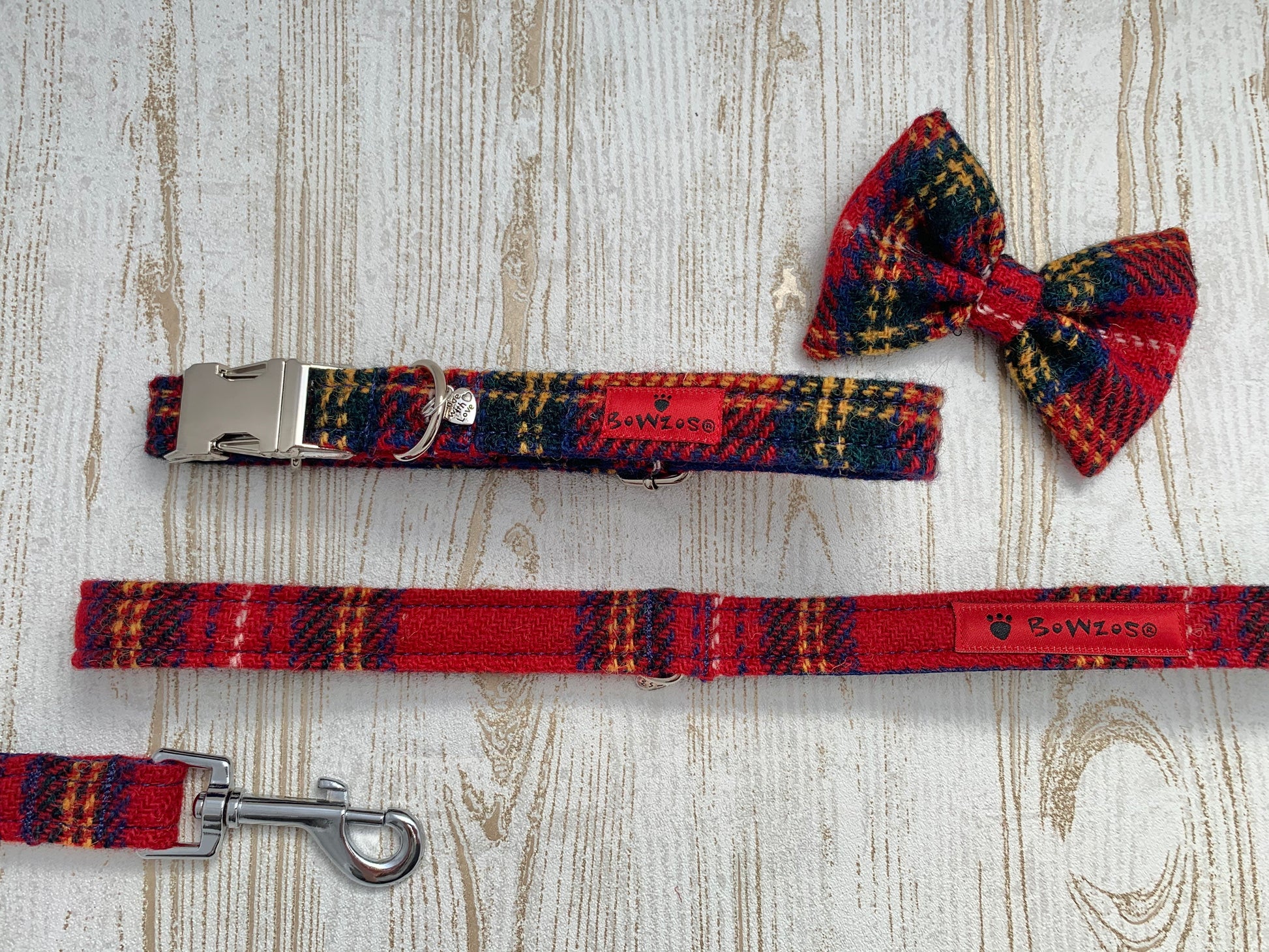 Harris Tweed Bow Tie Dog Collar & Lead Set - Red Stewart Tartan - BOWZOS