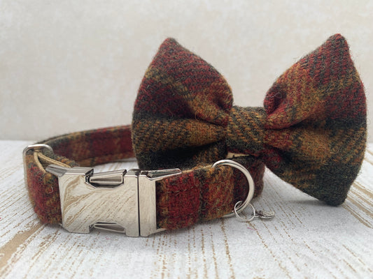 (Stornoway) Harris Tweed Bow Tie Dog Collar - Chestnut & Mustard - BOWZOS