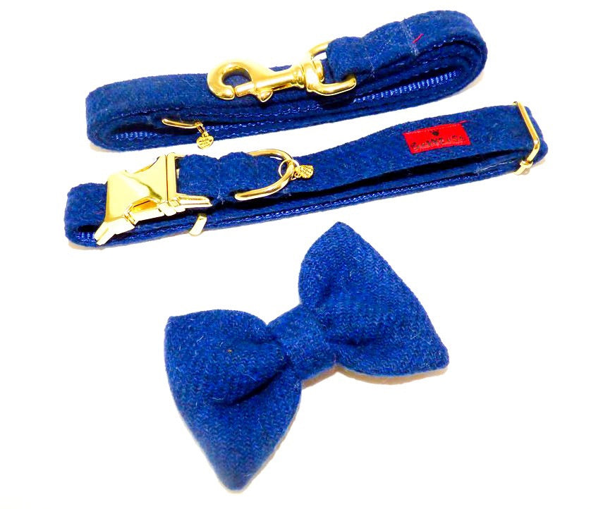 (Balmoral) Harris Tweed Bow Tie  Dog Collar & Lead Set - Blue (with Gold Look Buckle & Brass Findings) - BOWZOS
