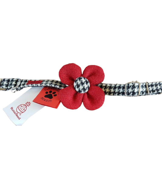 (Nessie) Harris Tweed Flower Dog Collar - Black & White Houndstooth with Red Flower - BOWZOS