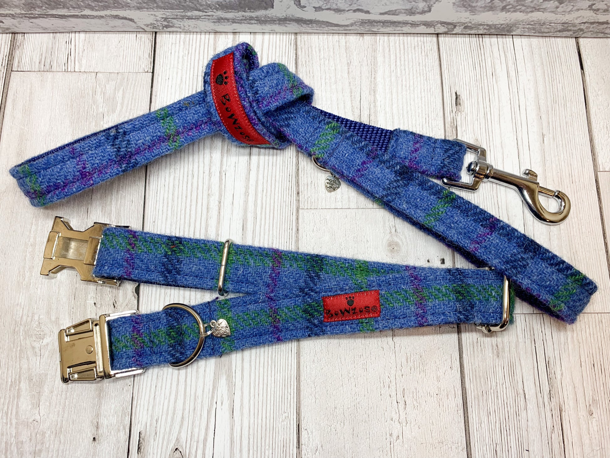 (Lewis) Harris Tweed Dog Collar & Lead Set - Blue - BOWZOS