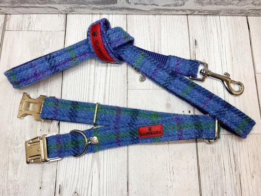(Lewis) Harris Tweed Dog Collar & Lead Set - Blue - BOWZOS