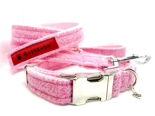 (Rose) Harris Tweed Dog Collar & Lead Set - Rose Pink - BOWZOS