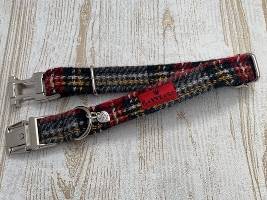 Harris Tweed Dog Collar  - Grey Stewart Tartan - BOWZOS