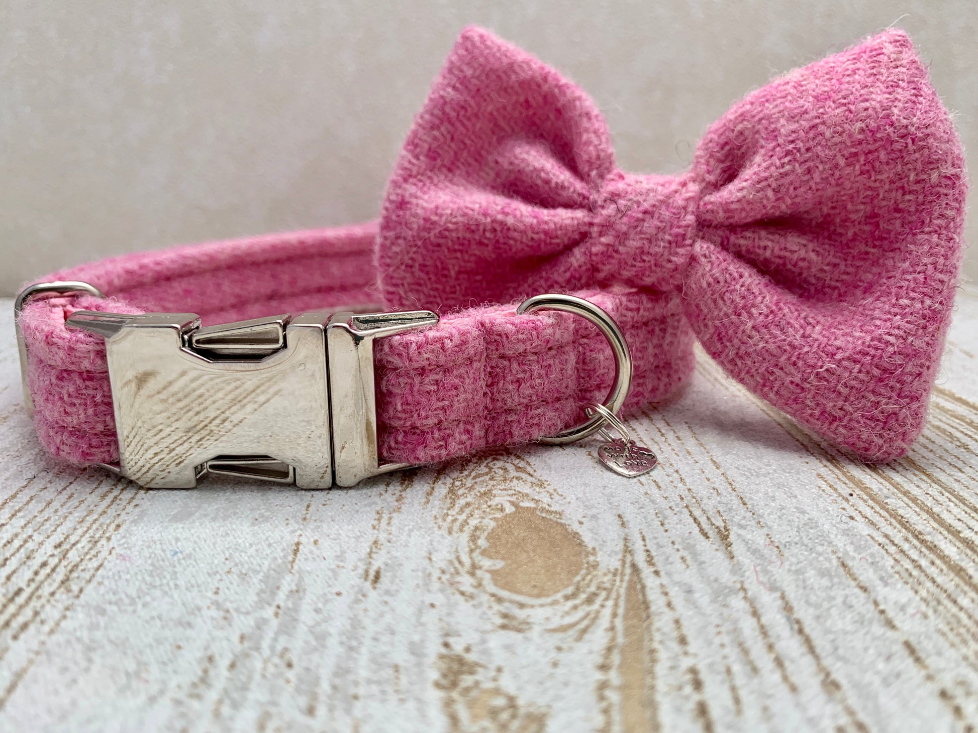 (Rose) Harris Tweed Bow Tie Dog Collar - Rose Pink - BOWZOS