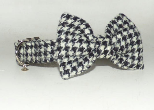 (Nessie) Harris Tweed® Bow Tie Dog Collar & Lead Set - Black and White Houndstooth