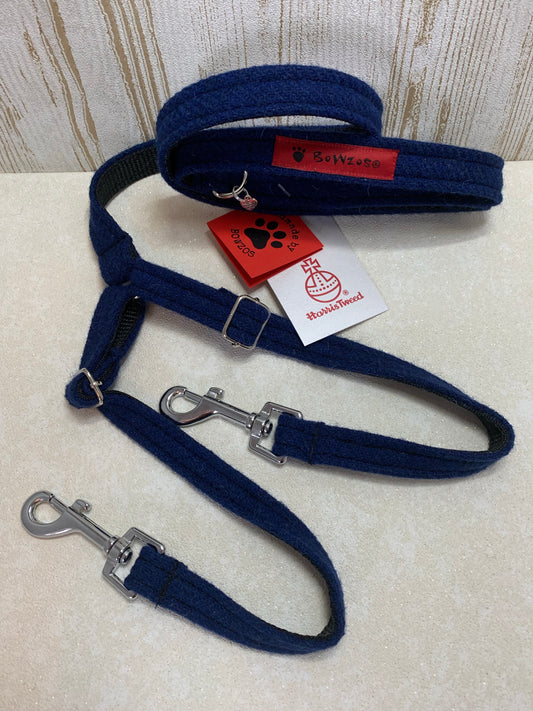 (Balmoral) Harris Tweed Splitter Dog Lead - Blue (with Silver Findings) - BOWZOS